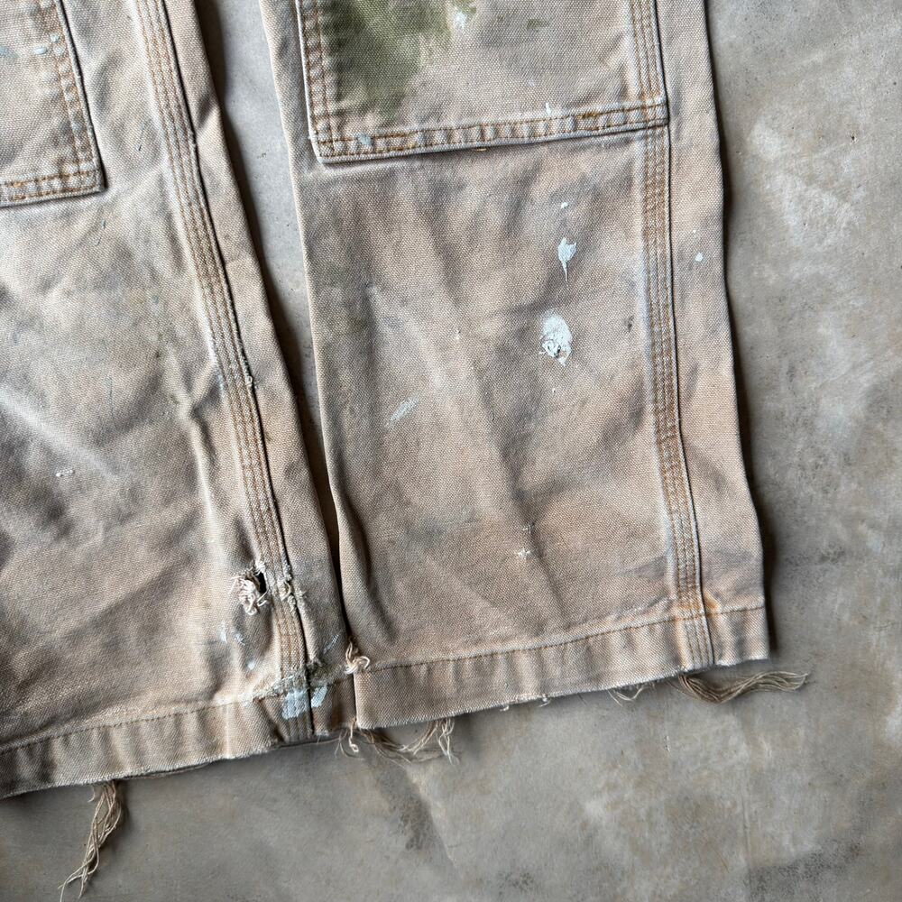 VINTAGE TAN CARHARTT DOUBLE KNEE PANTS PAINTED CARPENTER RIVETED RELAXED 32X32 - Picture 6 of 8